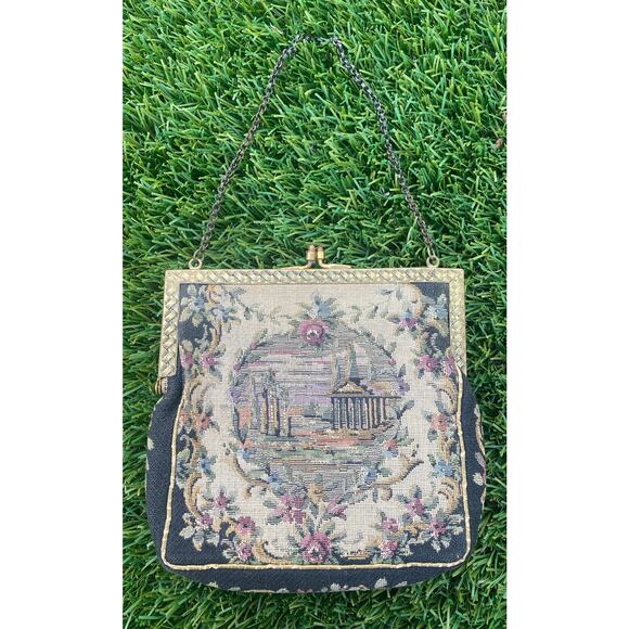 WALBORG Antique Vintage 1930s Purse Needlepoint Tapestry Handmade Clutch Mirror - Picture 1 of 12